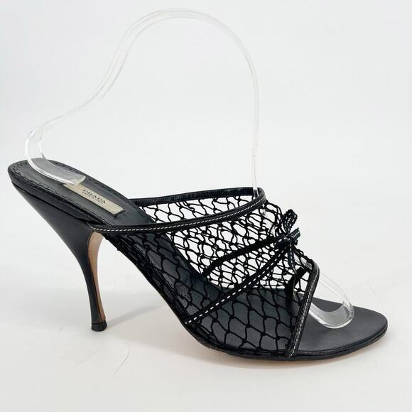 Prada Vintage Black Fishnet Bow Detail Retro Mule Slide Sandal Heel size IT 38.5 - Picture 3 of 11